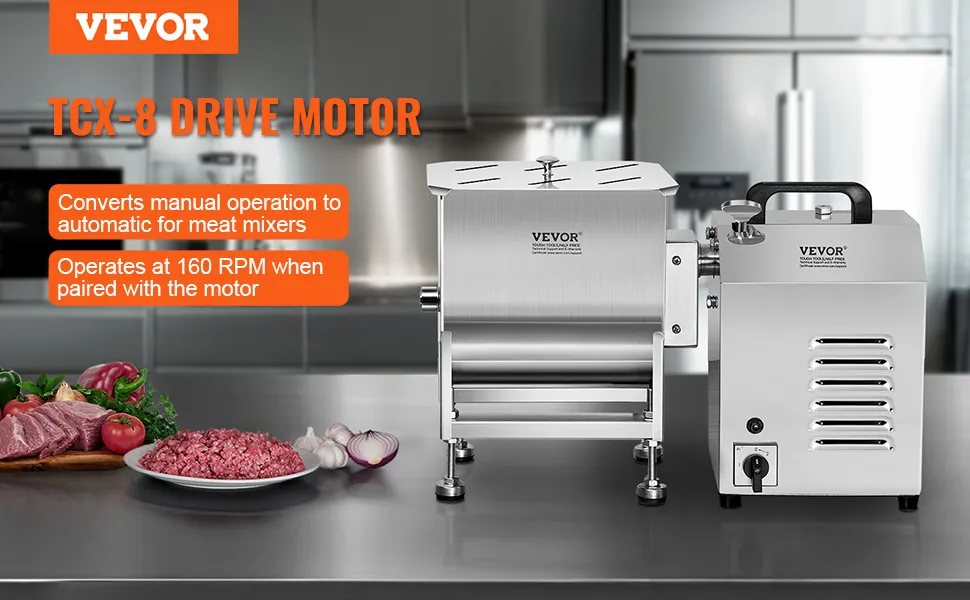 VEVOR meat mixer tcx-8 drive motor with meat pieces, minced meat, and vegetables on a kitchen counter.