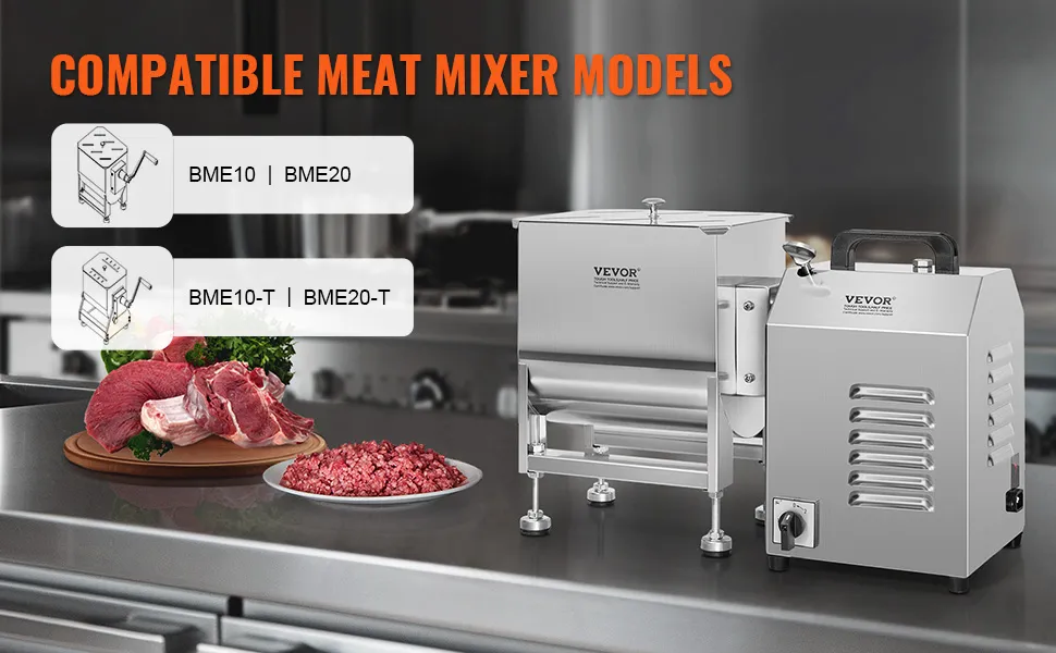 VEVOR meat mixer with various meat cuts on a kitchen counter, compatible models bme10, bme20, bme10-t, bme20-t.