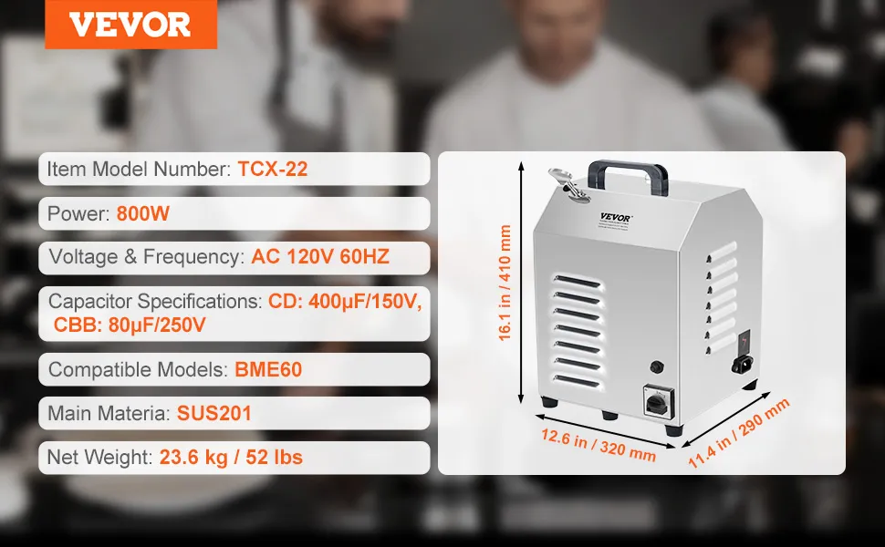 VEVOR meat processing motor, tcx-22 model, 800w power, ac 120v 60hz, sus201 material, 23.6 kg.