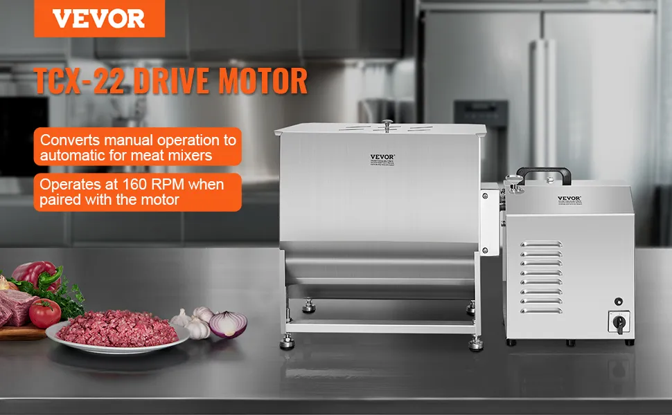 VEVOR tcx-22 drive motor for meat mixers on a kitchen countertop with minced meat and vegetables.