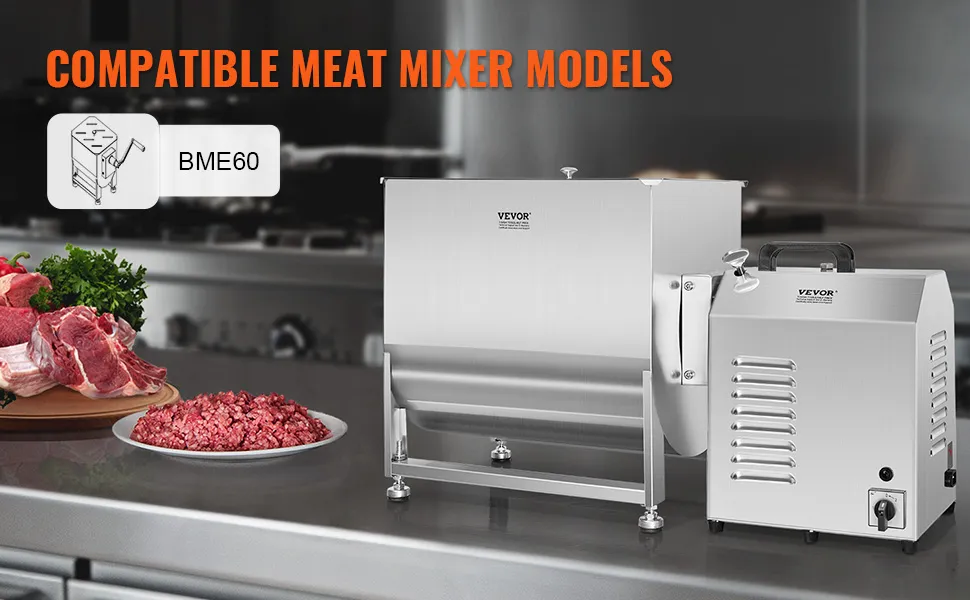 VEVOR meat processing motor with compatible meat mixer, model bme60, and plates of fresh meat.
