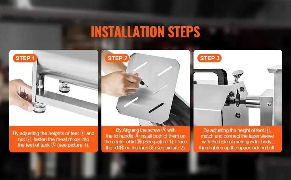VEVOR meat processing motor installation steps: adjusting feet, aligning screw, connecting meat grinder.