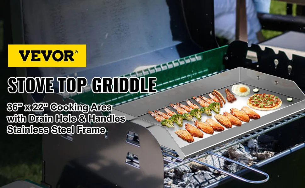 Plancha de acero inoxidable VEVOR con alimentos cocinándose en una parrilla.