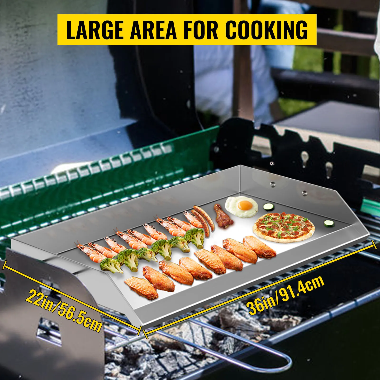 Plancha de acero inoxidable VEVOR con amplia zona de cocción, dimensiones 36 x 22 pulgadas.