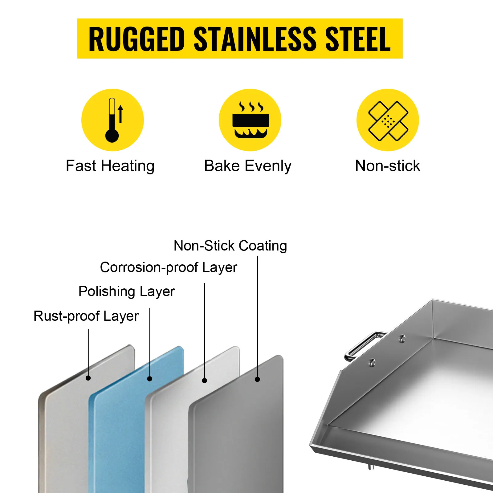 Plancha de acero inoxidable VEVOR con revestimiento antiadherente, calentamiento rápido, horneado uniforme y capas resistentes.