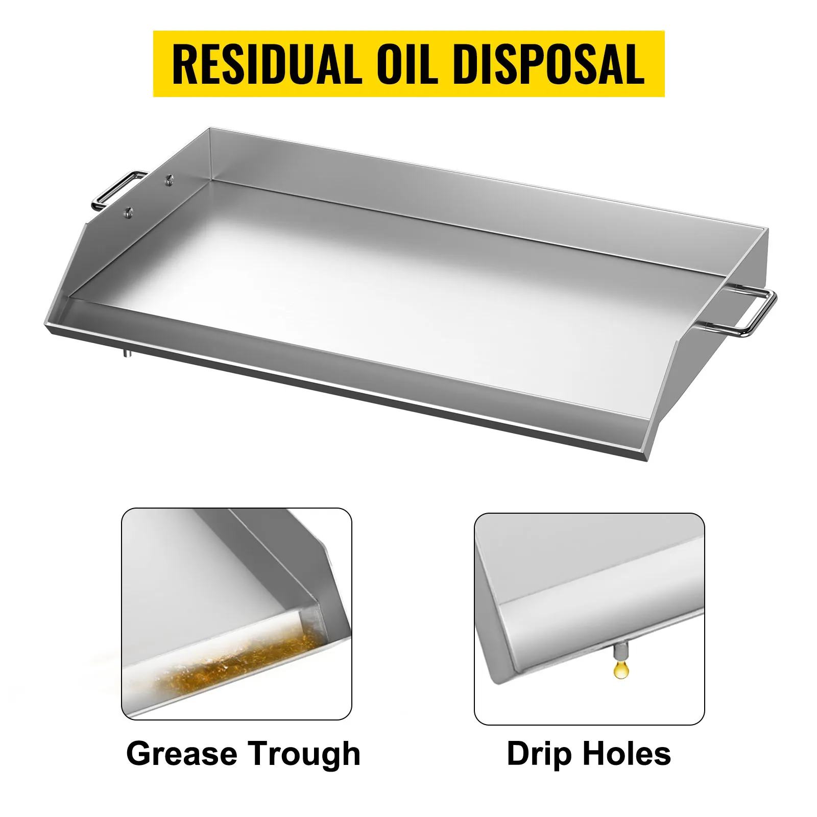 Plancha de acero inoxidable VEVOR con canaleta para grasa y orificios de goteo para la eliminación de aceite residual.