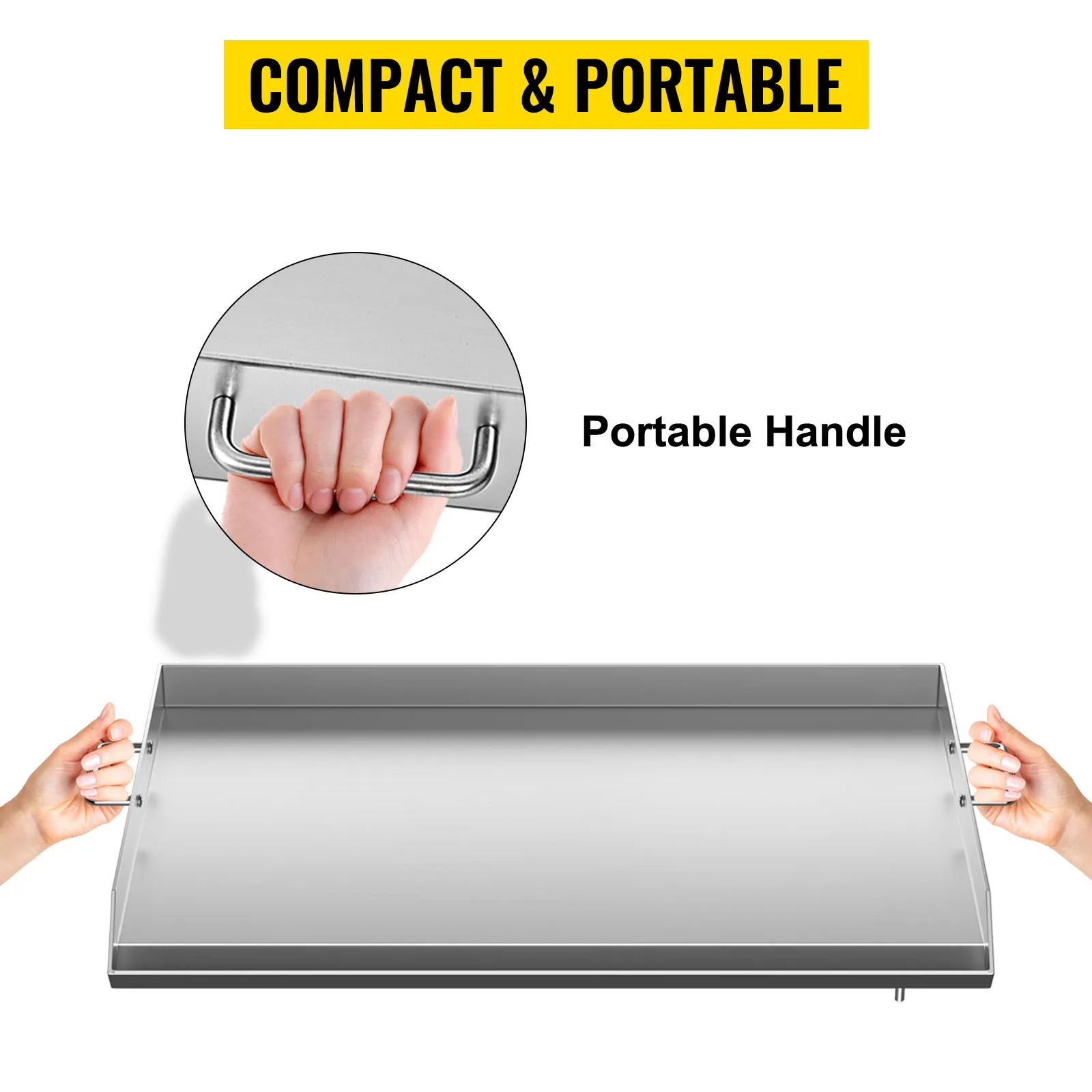 Plancha de acero inoxidable VEVOR con asas portátiles para un transporte compacto y fácil.