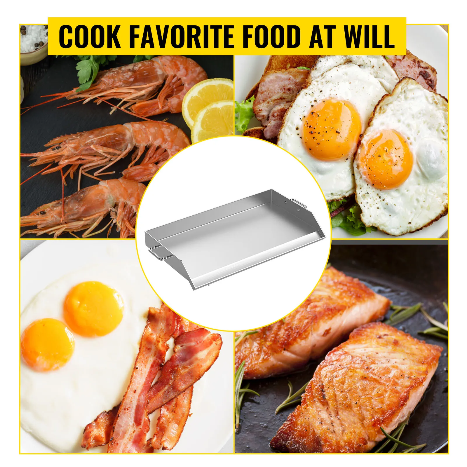 Plancha de acero inoxidable VEVOR con platos de camarones cocidos, huevos, tocino y salmón.