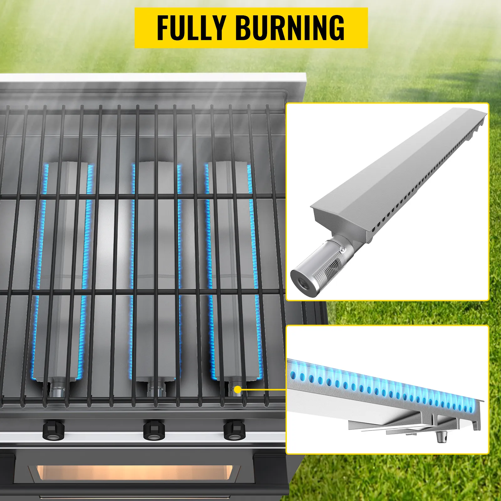 Quemadores de parrilla VEVOR completamente encendidos con llamas azules, vista superior y detalles de primer plano.
