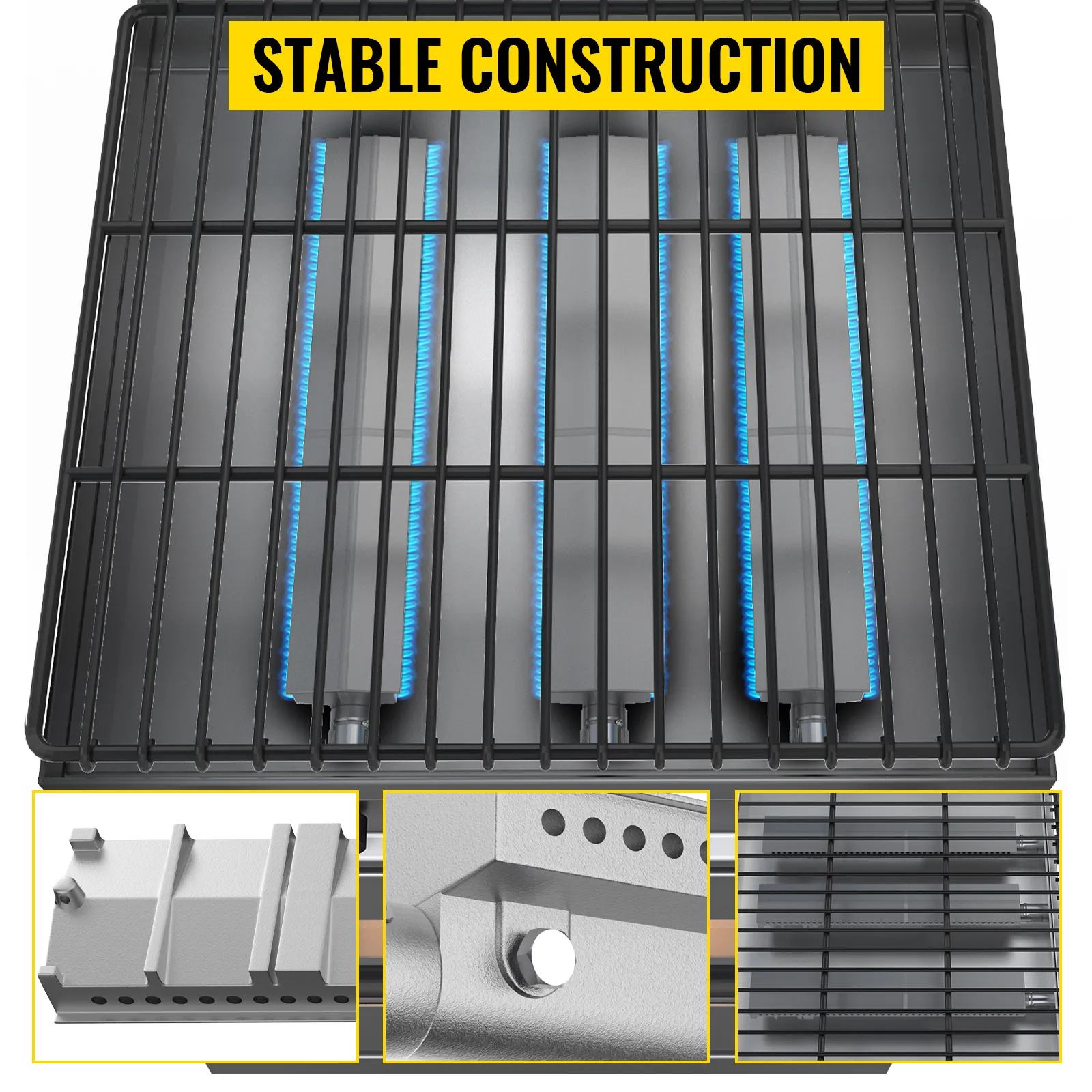 Quemadores de parrilla VEVOR con construcción estable y detalles de llama azul.
