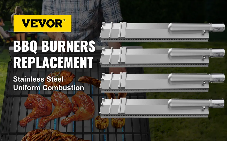 Quemadores de parrilla de repuesto VEVOR resaltados con pollo a la barbacoa en una parrilla en el fondo.