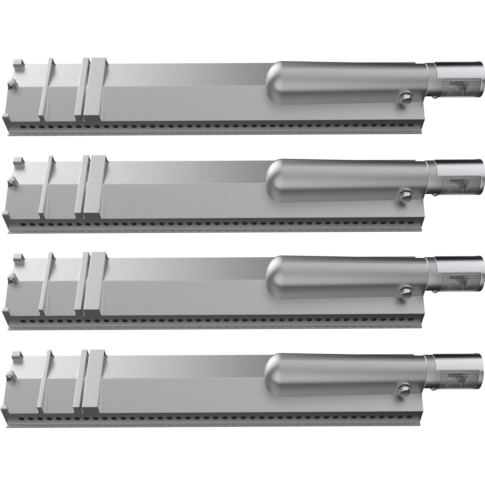 Cuatro quemadores de parrilla VEVOR de acero inoxidable alineados horizontalmente.