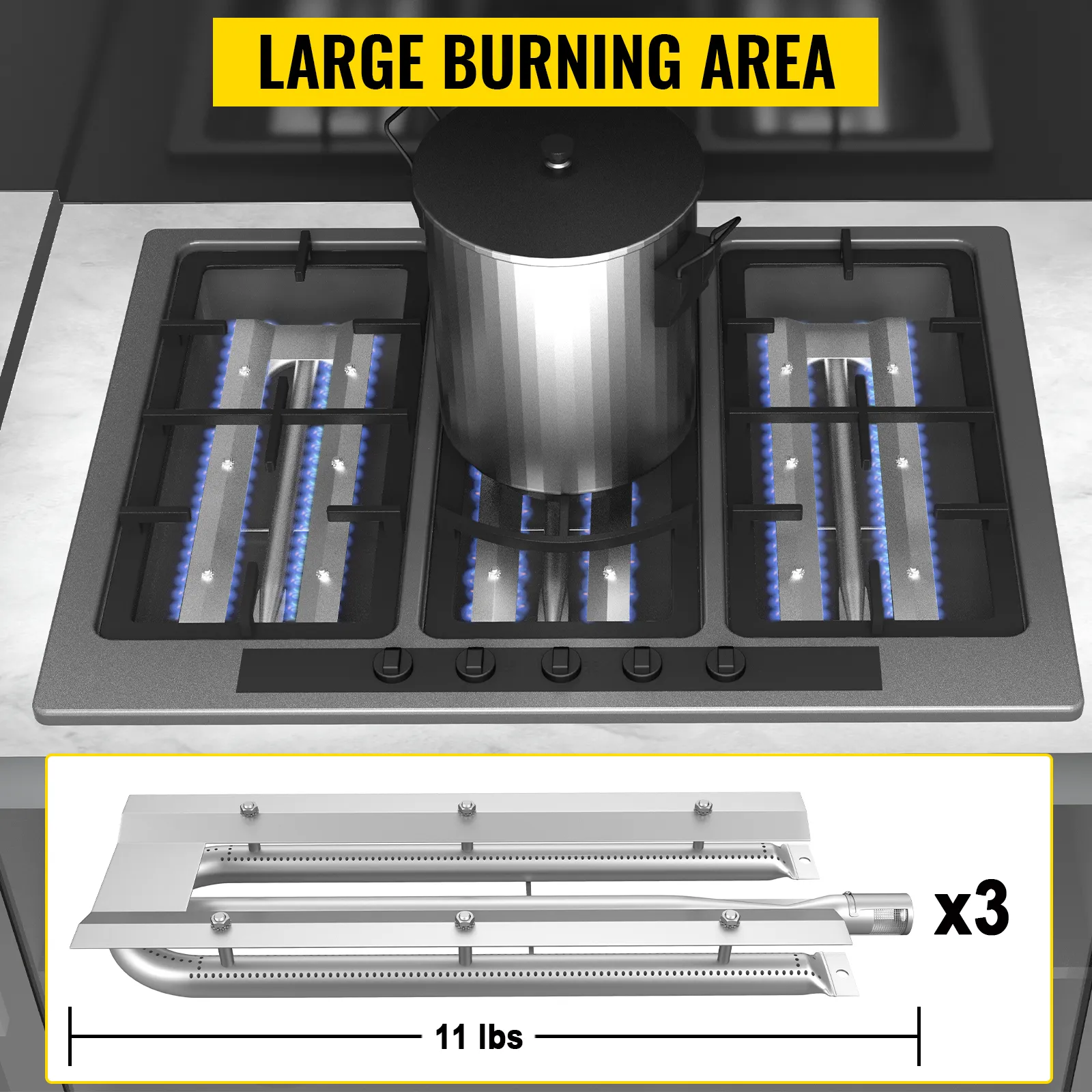 VEVOR grill burners with large burning area, blue flames, and a boiling pot.