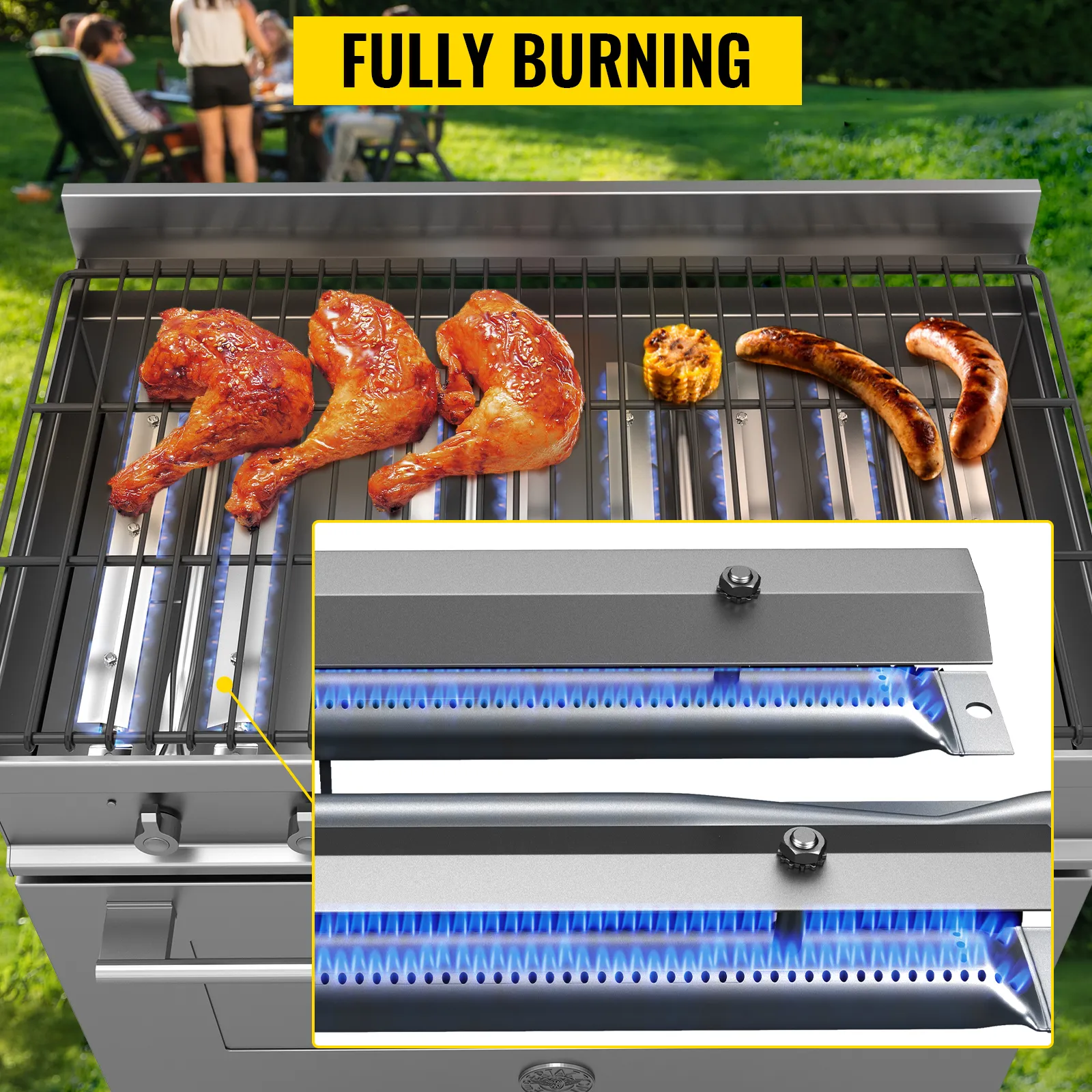 grilling meat on VEVOR grill burners with detailed close-up of flames.