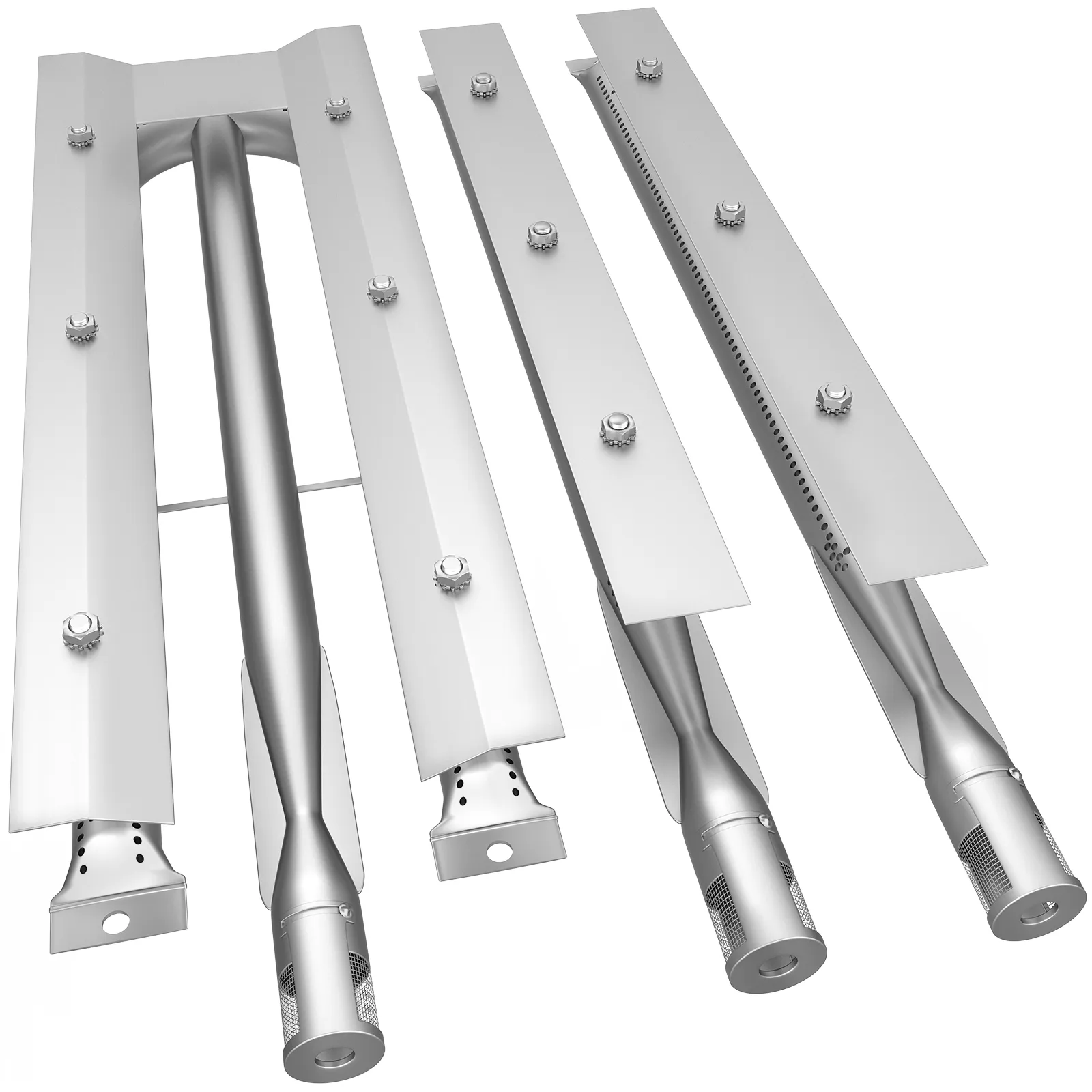 Quemadores de repuesto para barbacoa VEVOR en acero inoxidable, que muestran tres quemadores con hardware de montaje.