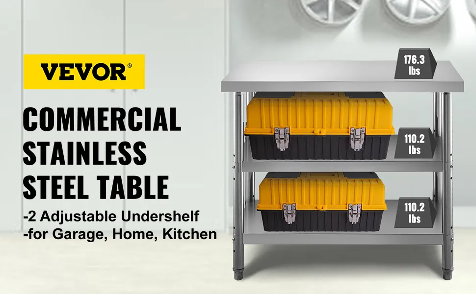 Mesa de preparación de acero inoxidable VEVOR con estantes inferiores ajustables para garaje o cocina