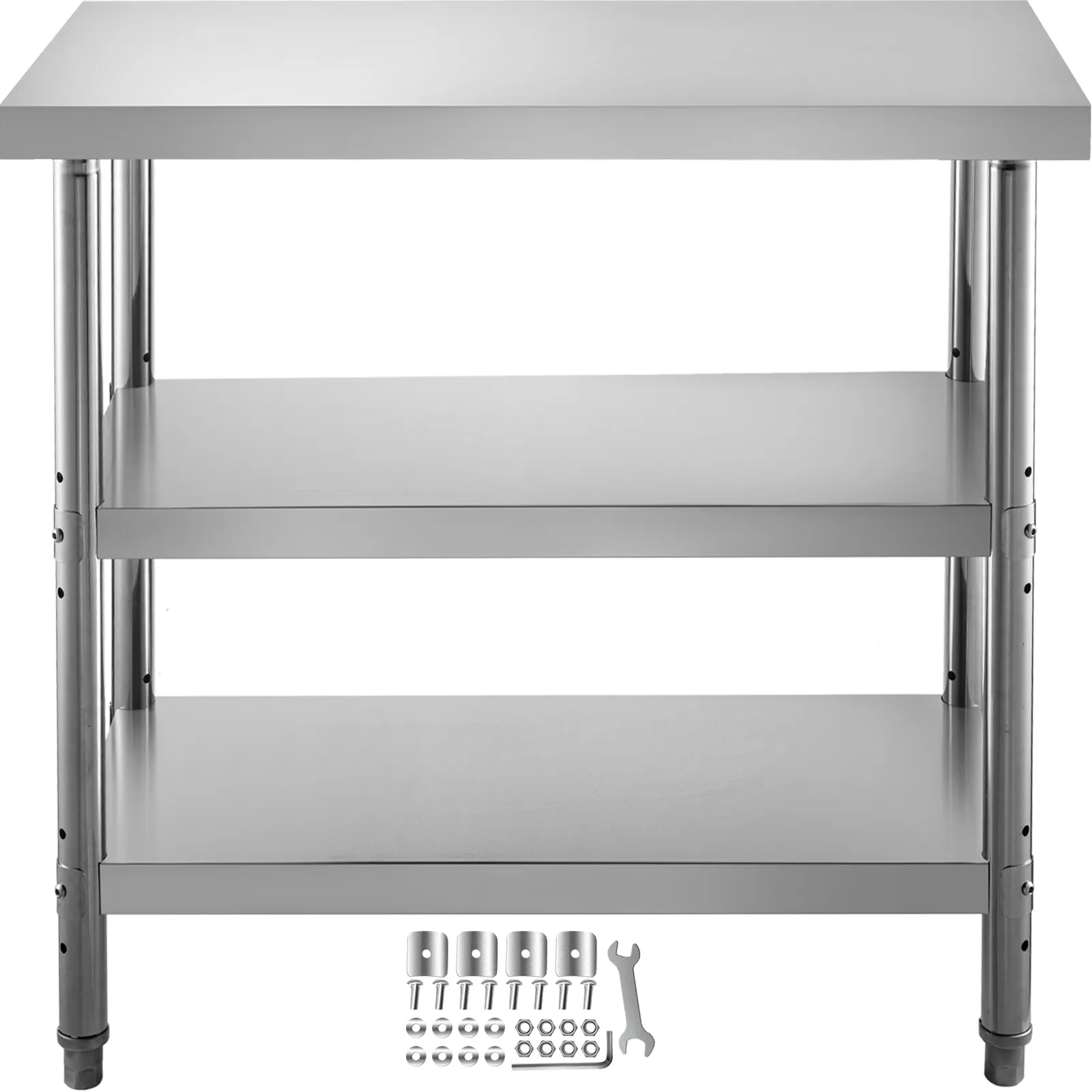 Mesa de preparación de acero inoxidable VEVOR con dos estantes inferiores y herramientas de montaje.