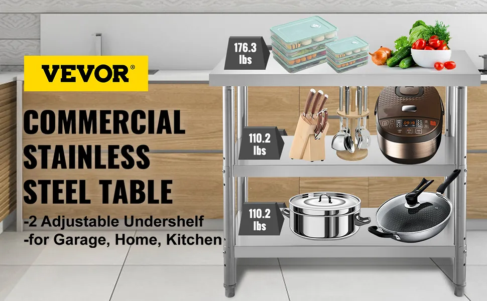 VEVOR stainless steel prep table with adjustable undershelf in modern kitchen setup.
