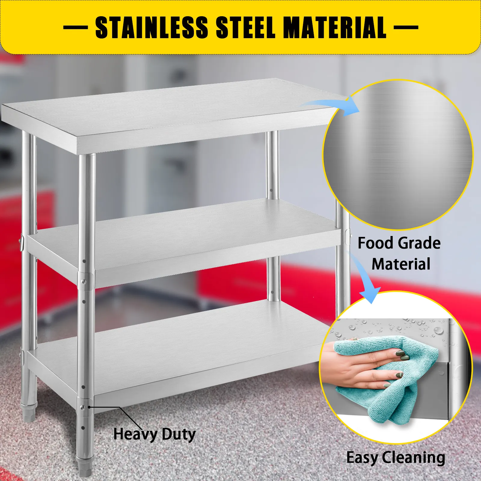 VEVOR stainless steel prep table with easy cleaning and heavy-duty food-grade material.