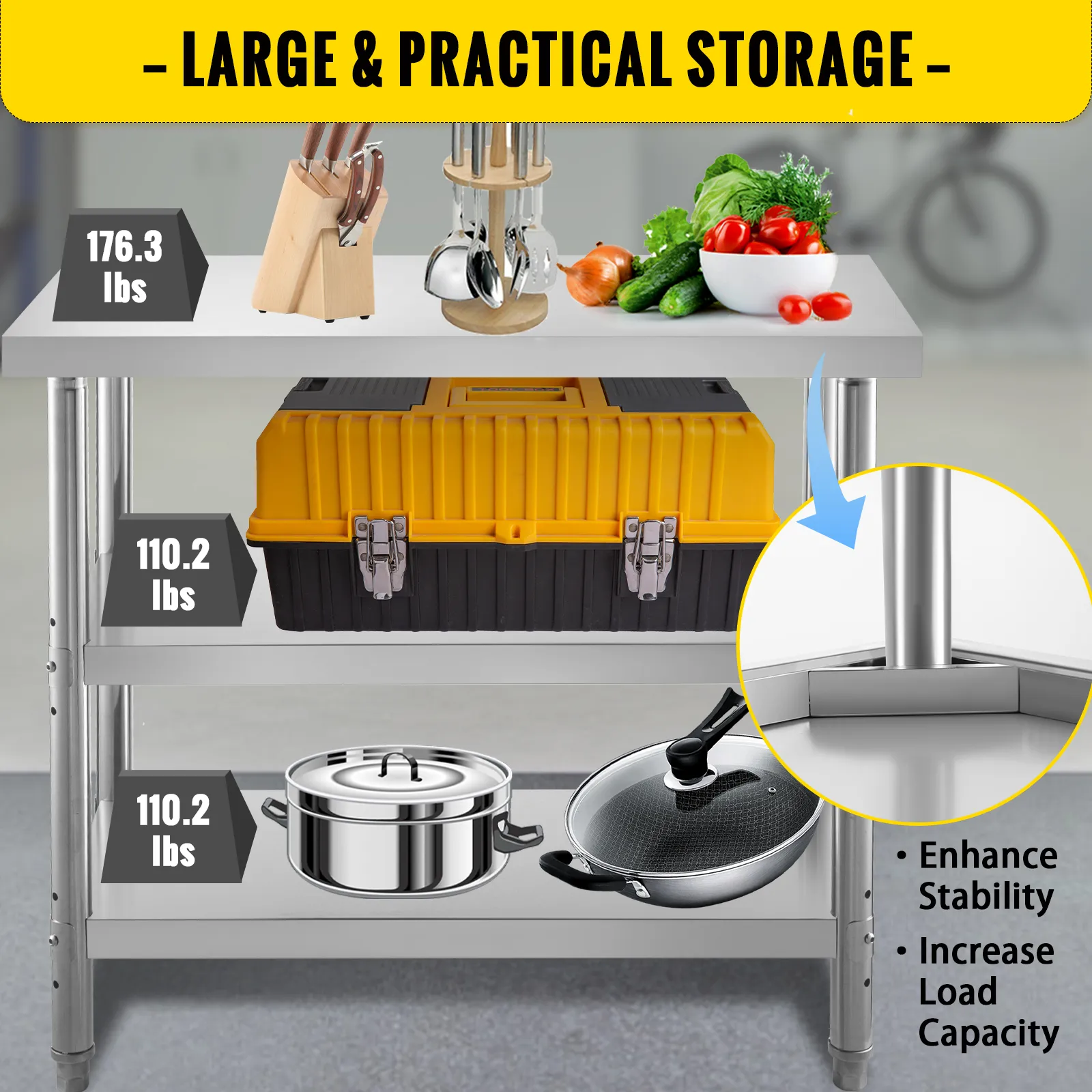 VEVOR stainless steel prep table with shelves holding kitchenware and storage box.