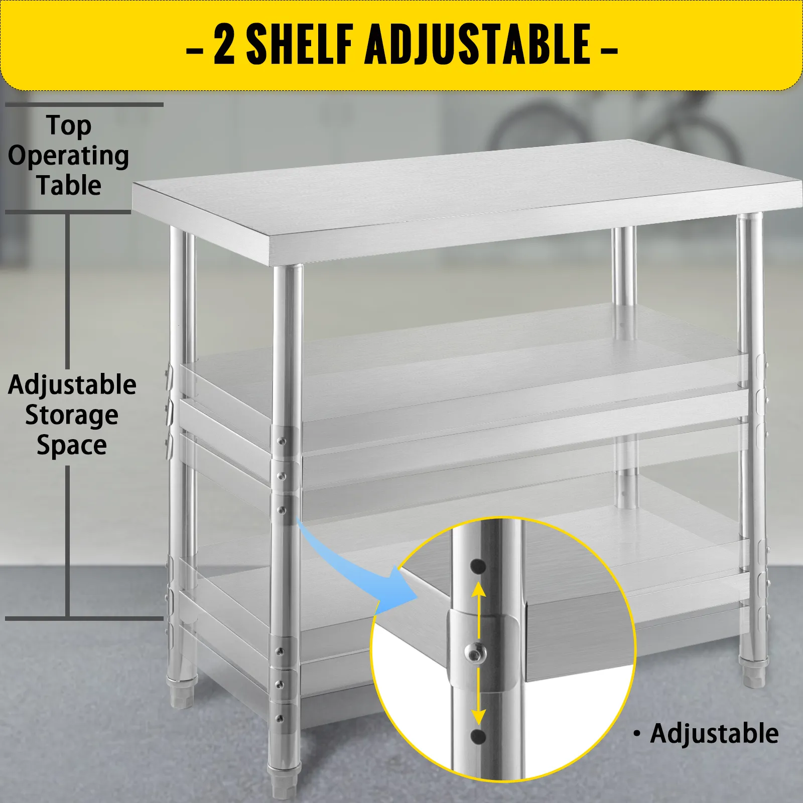 VEVOR stainless steel prep table with two adjustable shelves and a top operating table.