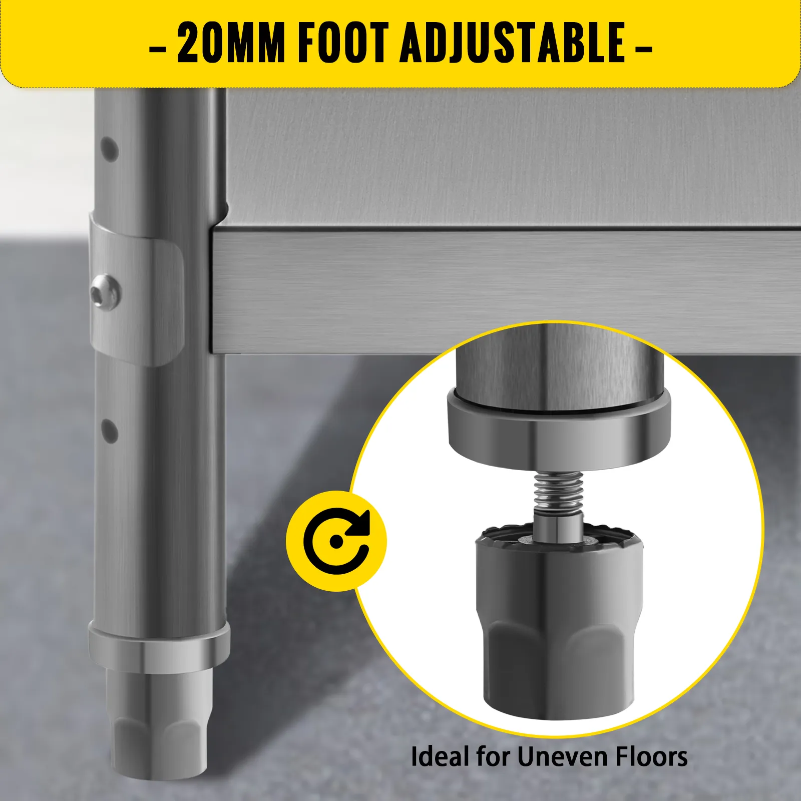 VEVOR stainless steel prep table with adjustable 20mm feet, perfect for uneven floors.