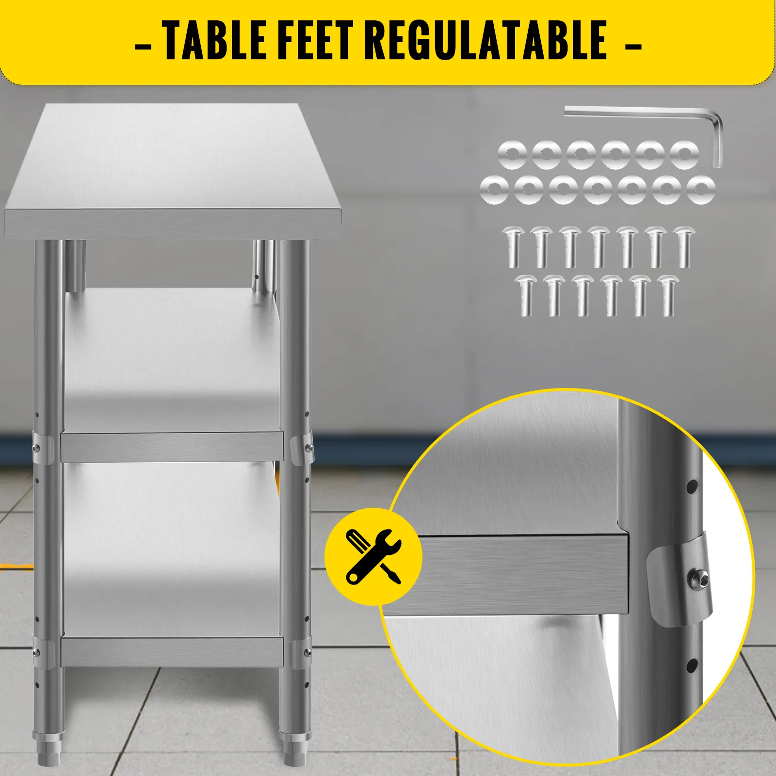 VEVOR stainless steel prep table with regulatable feet and assembly hardware.