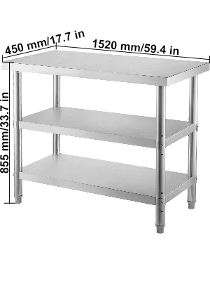 VEVOR stainless steel prep table with three shelves, dimensions labeled in mm and inches.