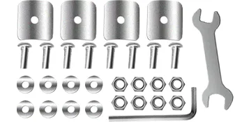 VEVOR stainless steel prep table assembly parts with bolts, nuts, and a wrench.
