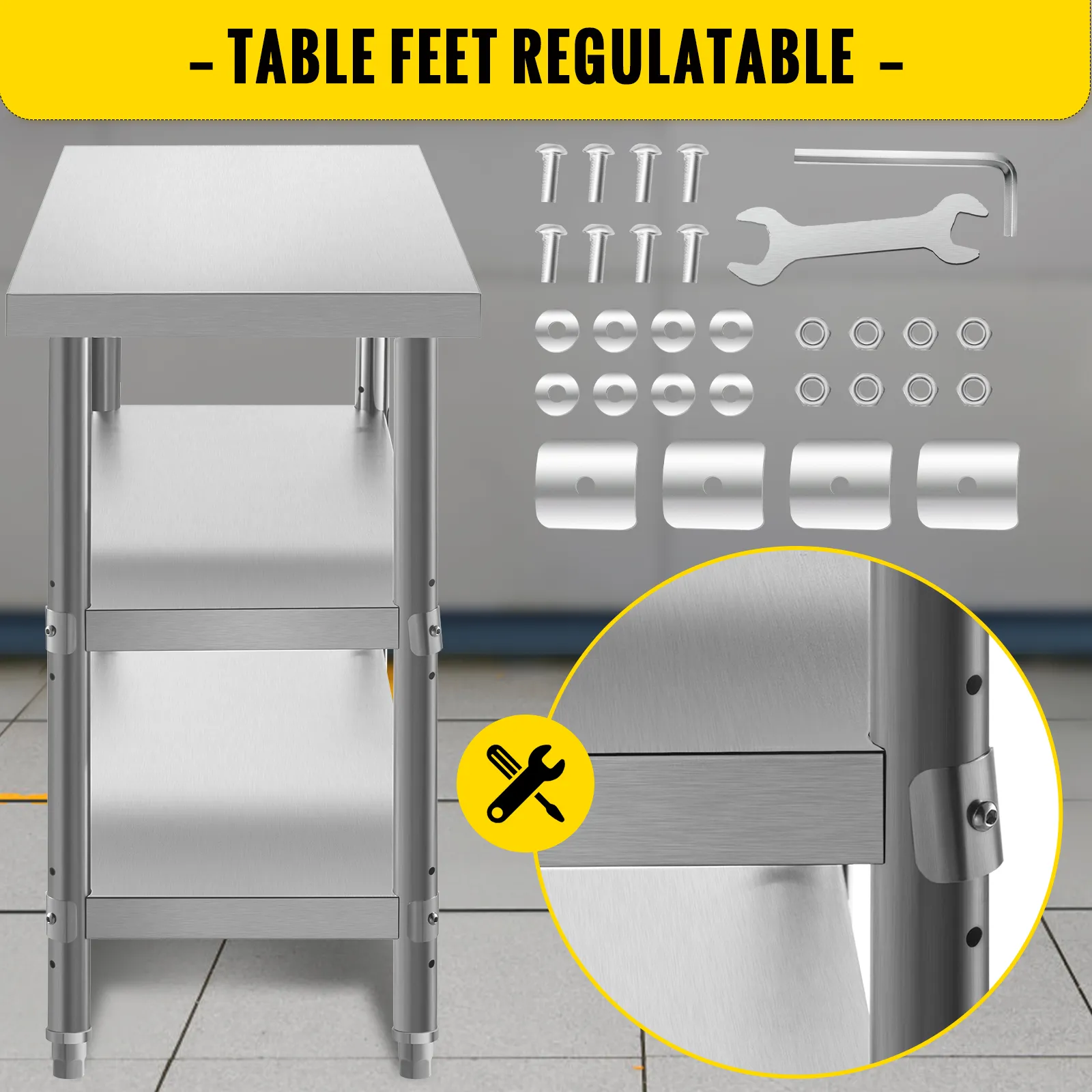 VEVOR stainless steel prep table with adjustable feet and assembly hardware included.