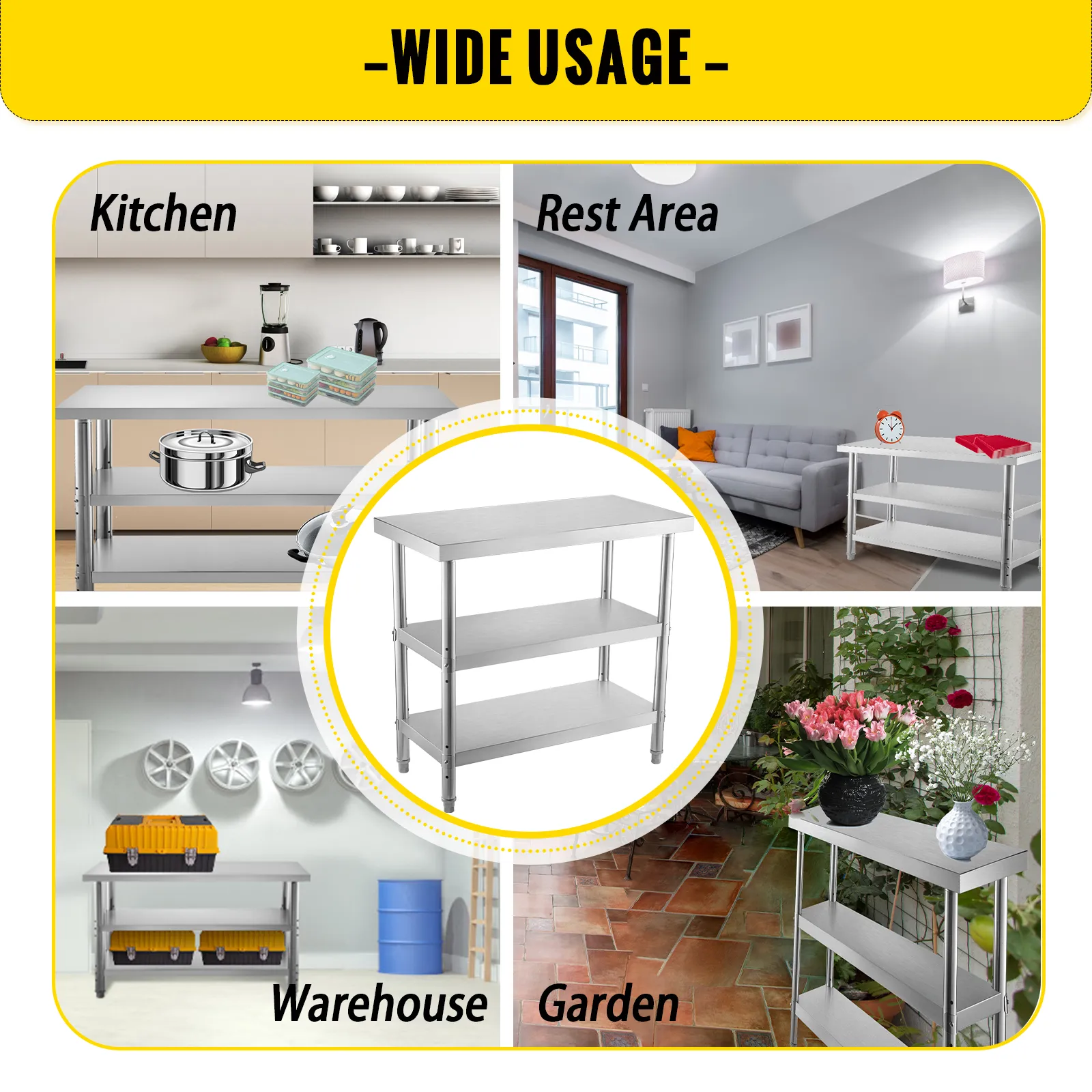VEVOR stainless steel prep table for kitchen, rest area, warehouse, and garden use.