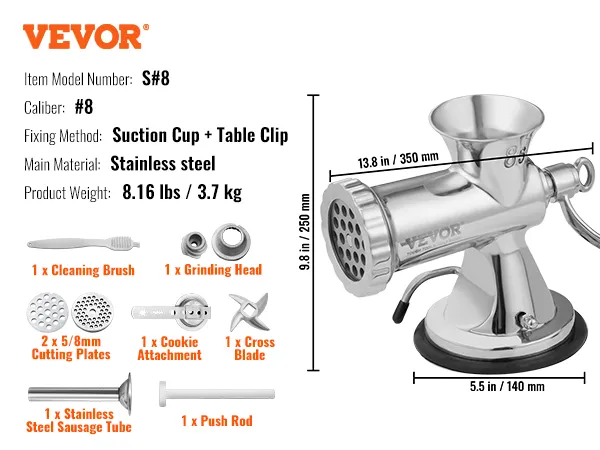 VEVOR manual meat grinder s#8, stainless steel, includes cutting plates, sausage tube, and cleaning brush.