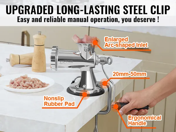 VEVOR manual meat grinder with enlarged arc-shaped inlet, nonslip rubber pad, and ergonomical handle.