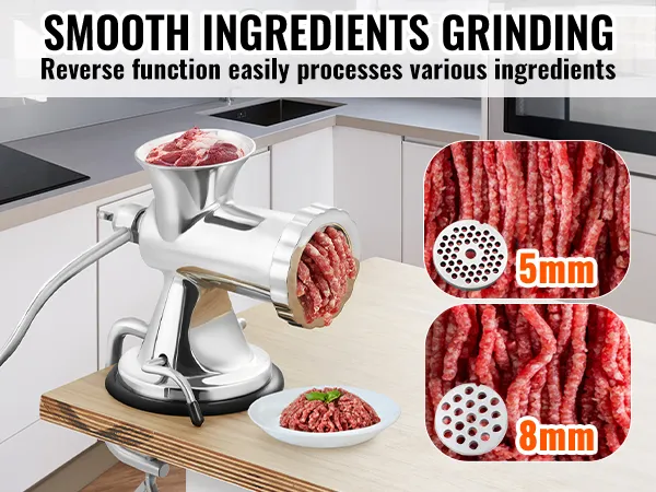 VEVOR manual meat grinder in a modern kitchen processing ground meat with 8mm and 5mm settings.