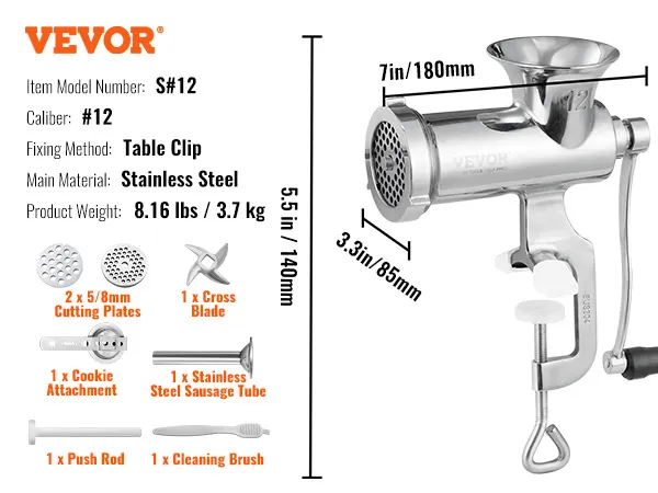 Picadora de carne manual VEVOR, modelo s#12, acero inoxidable, clip de mesa, 8,16 lbs, incluye accesorios.