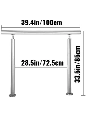 Pasamanos de acero inoxidable VEVOR con dimensiones en pulgadas y centímetros.