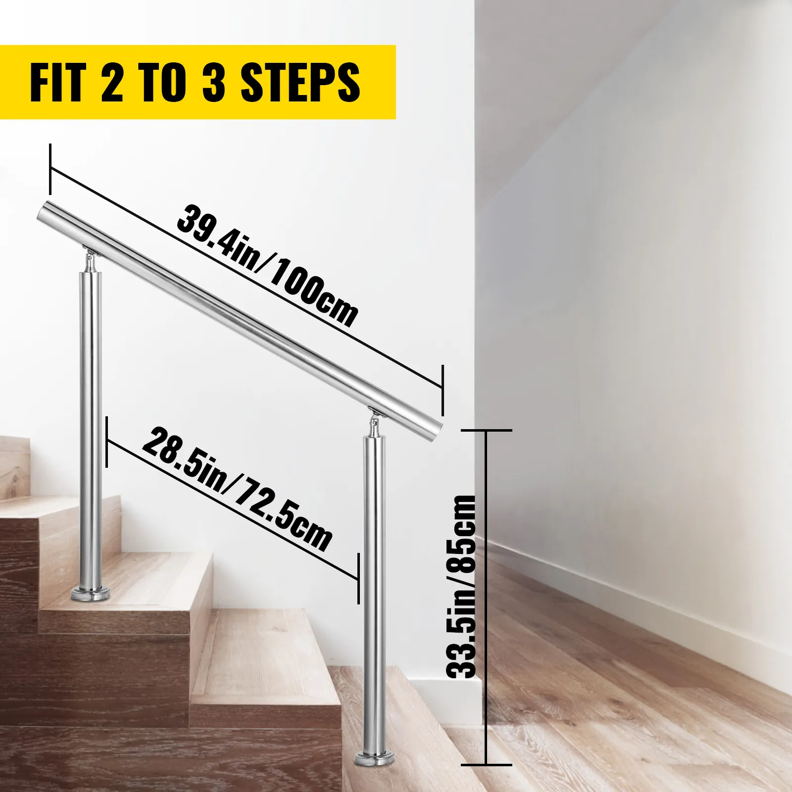 Pasamanos de acero inoxidable VEVOR, apto para 2 a 3 escalones, dimensiones resaltadas.