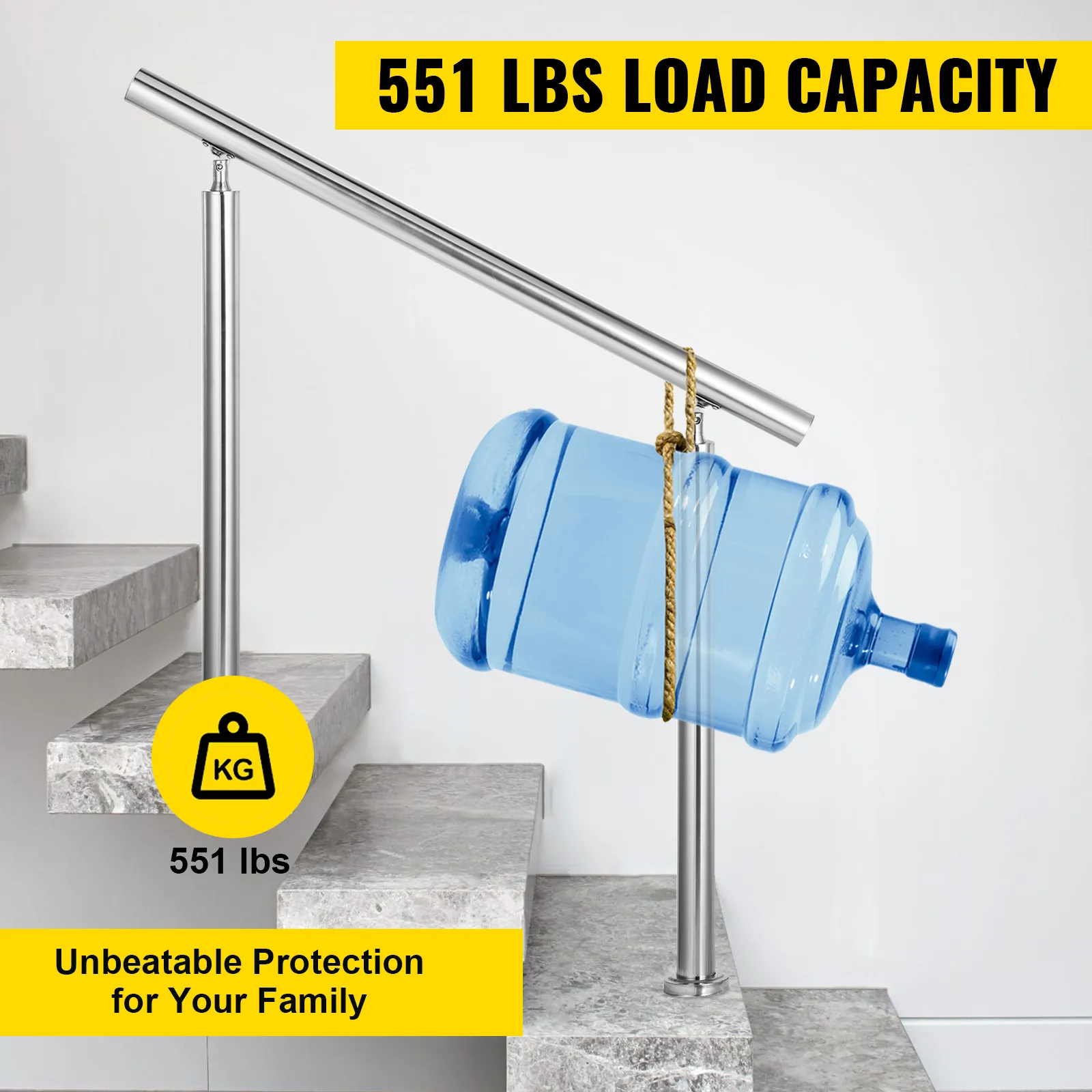 Pasamanos de acero inoxidable VEVOR que sostiene jarra de agua, con una capacidad de carga de 551 libras.