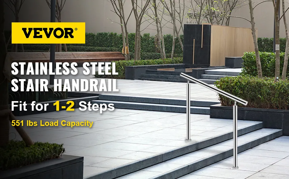 Pasamanos de acero inoxidable VEVOR para 1-2 escalones, capacidad de carga de 551 lbs, configuración exterior.
