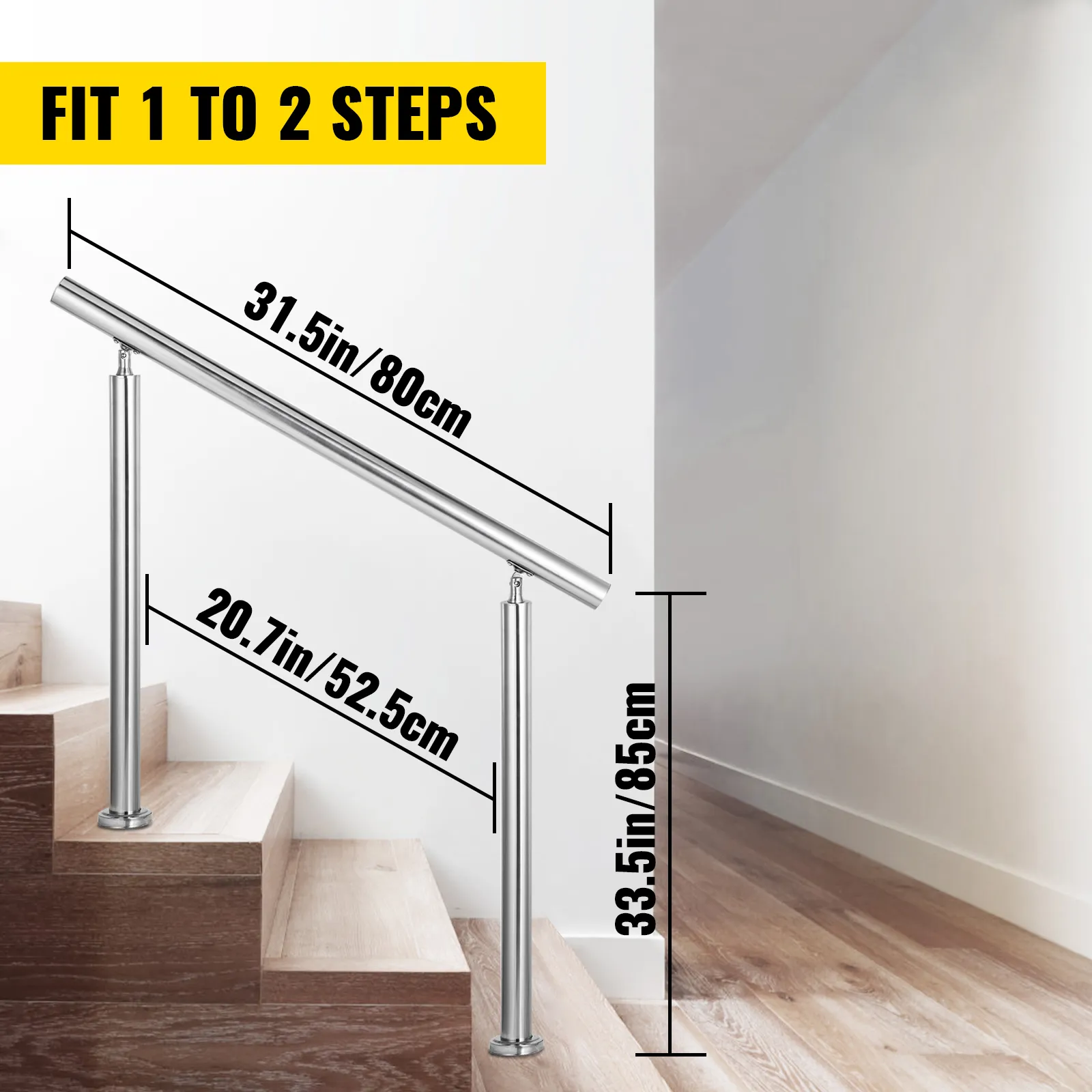 Pasamanos de acero inoxidable VEVOR para escaleras de 1-2 escalones, 31,5 pulgadas de largo, 33,5 pulgadas de alto.