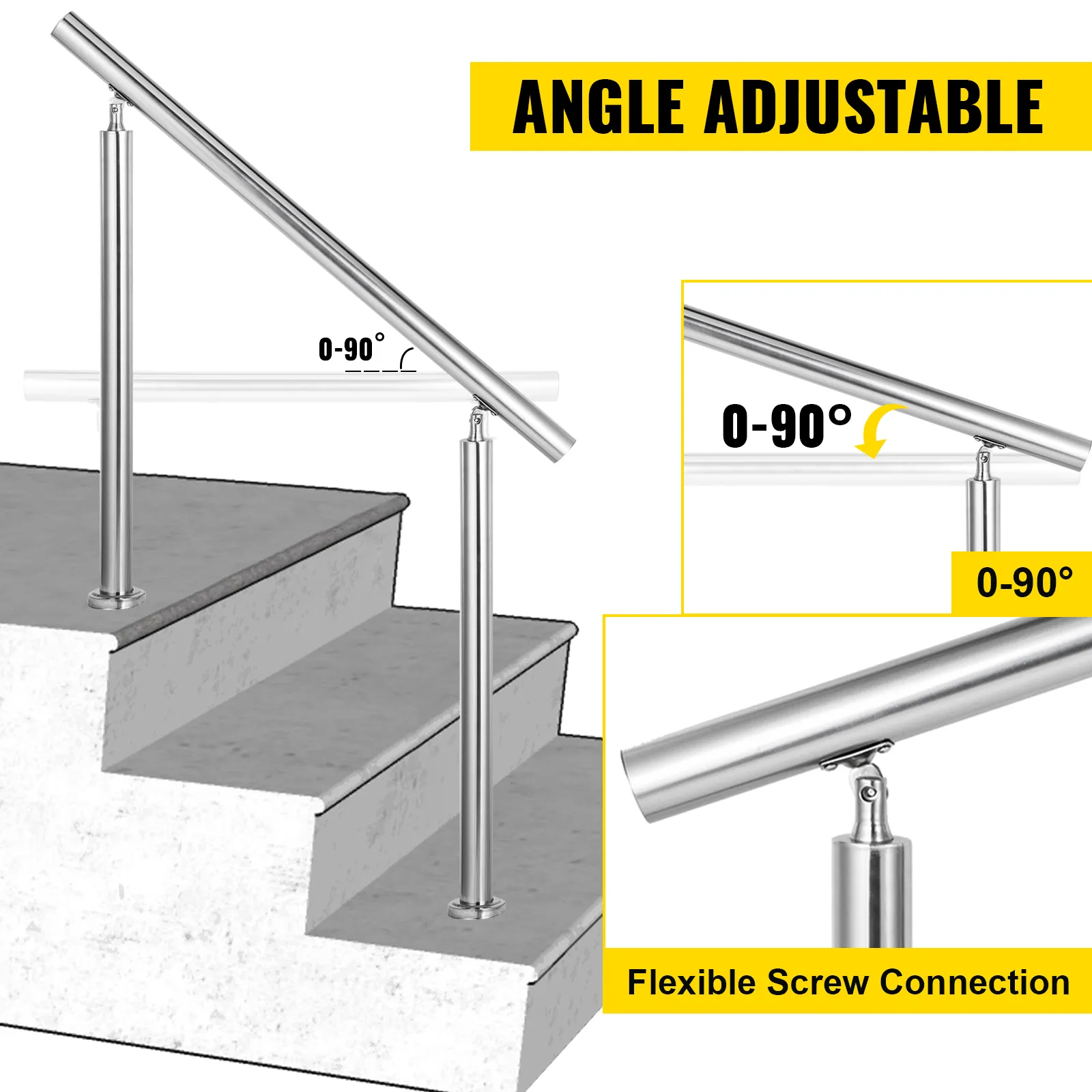 Pasamanos de acero inoxidable VEVOR con ángulo ajustable para escaleras, 0-90 grados.