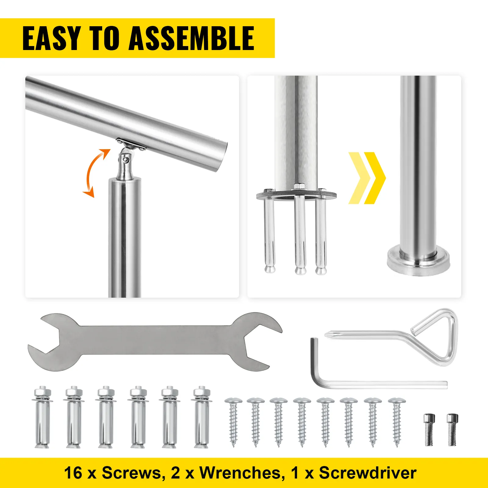 Kit de montaje de pasamanos de acero inoxidable VEVOR con herramientas y herrajes para una fácil instalación.