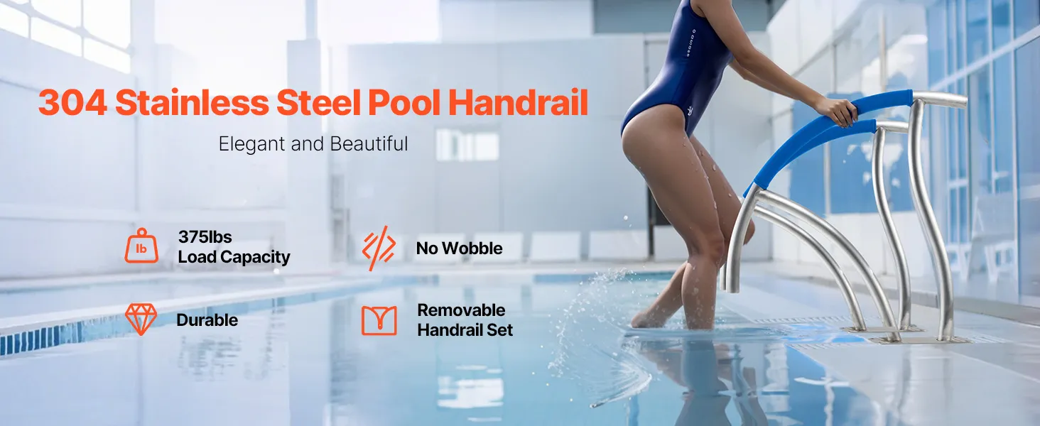 VEVOR pool handrail beside a clear blue swimming pool with lounge chairs.