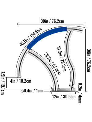 VEVOR pool handrail with blue grip and detailed dimensions in inches and centimeters.