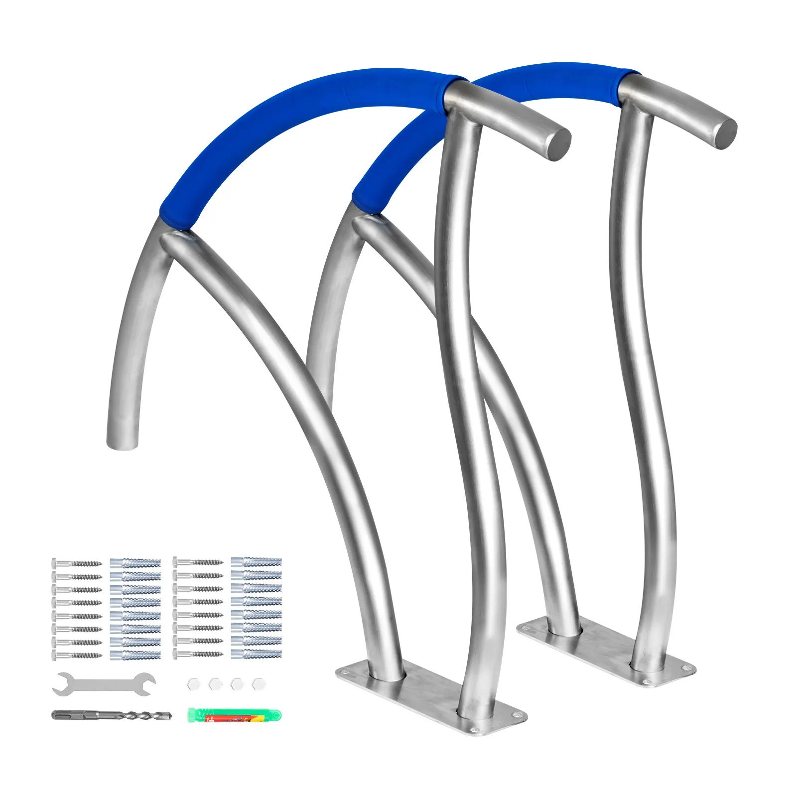 two VEVOR pool handrails with blue grips, installation hardware, and tools.