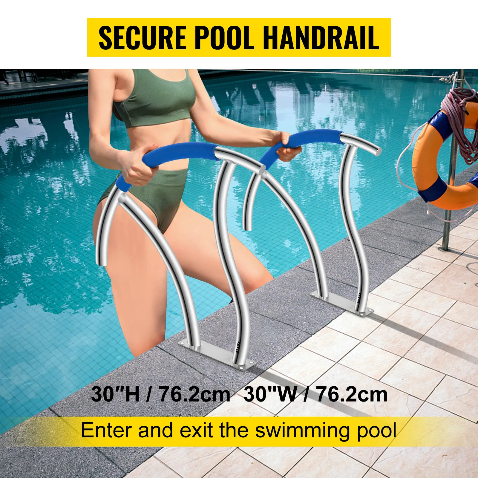 woman holding VEVOR pool handrail at the pool edge, ensuring safe pool entry.