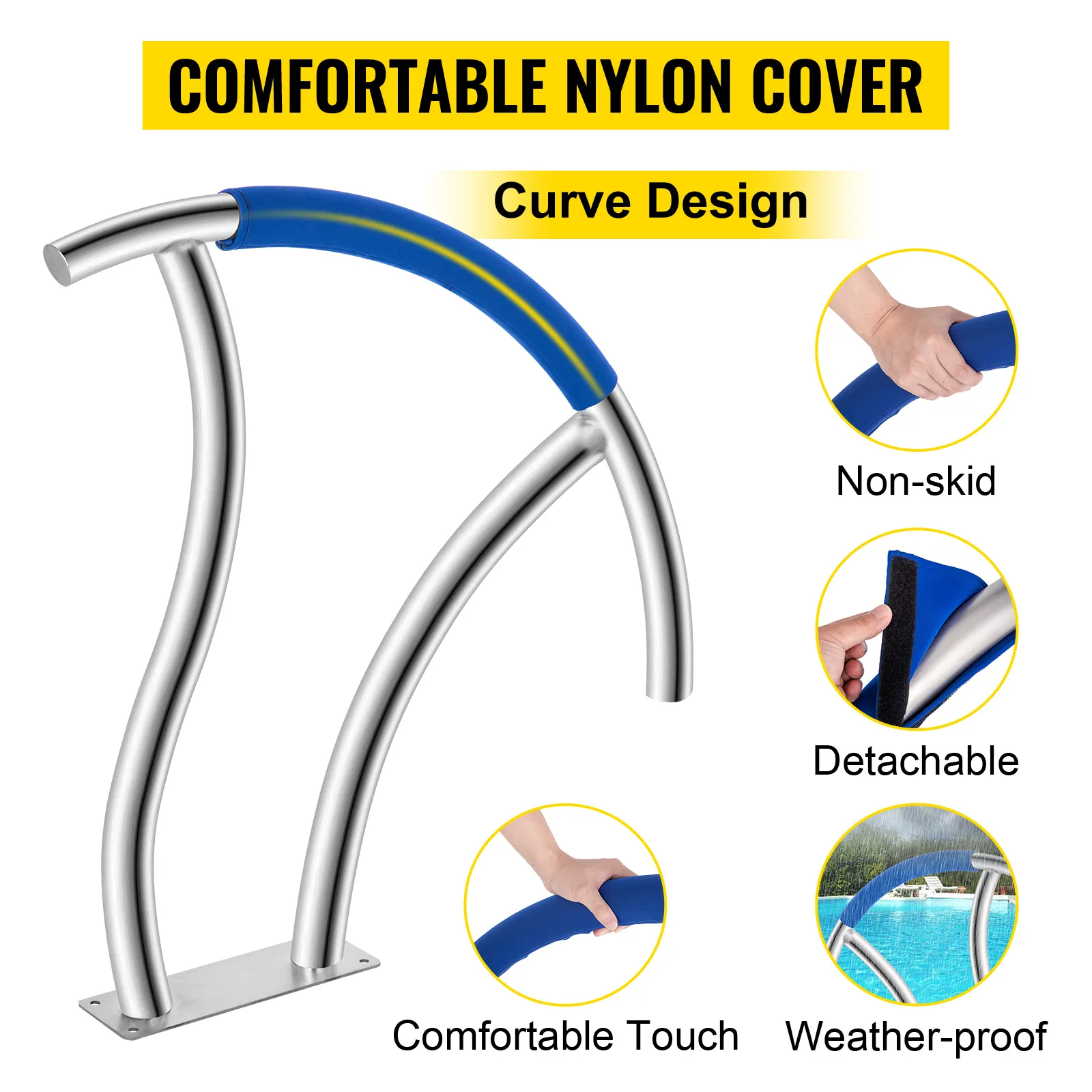 VEVOR pool handrail with non-skid, detachable nylon cover and curve design.