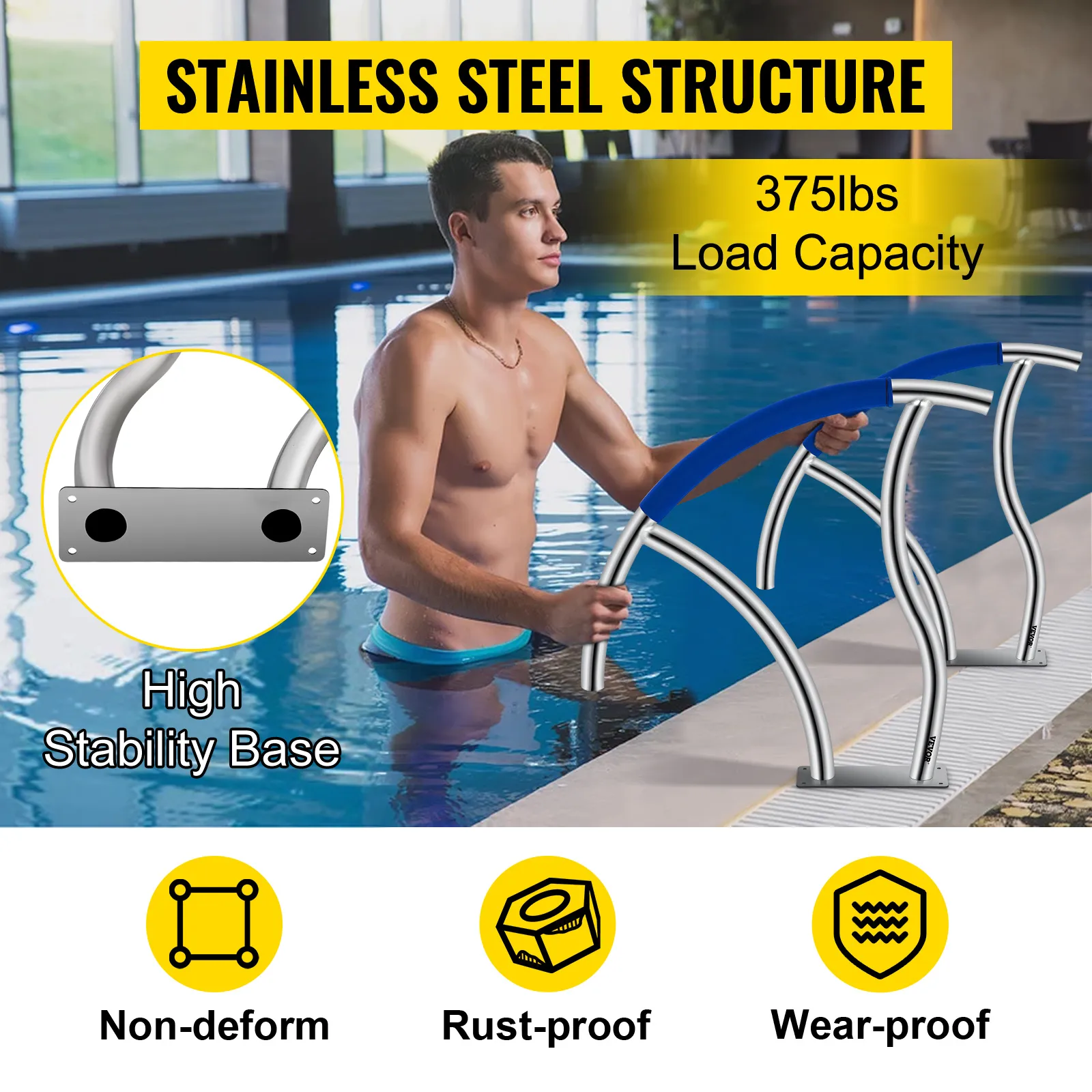 VEVOR pool handrail, stainless steel structure, 375lbs load capacity, high stability base