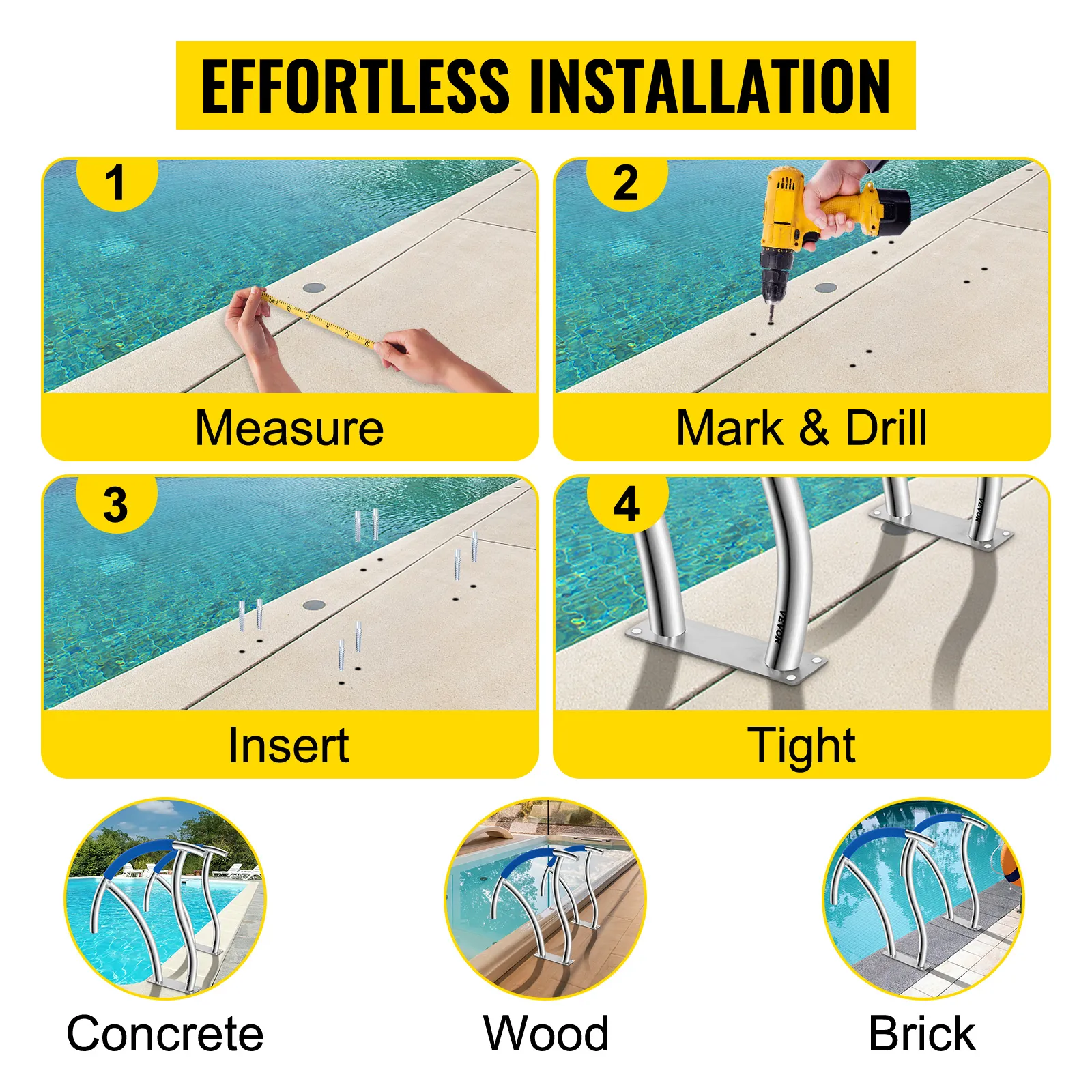 effortless installation guide for VEVOR pool handrail: measure, drill, insert, tighten. suitable for concrete, wood, and brick surfaces.