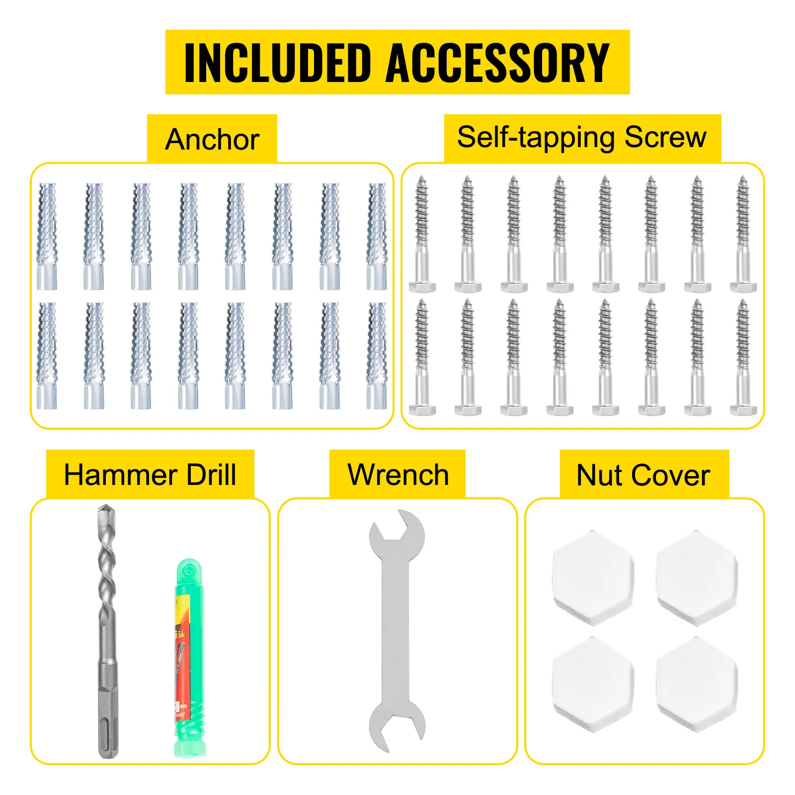included accessory for VEVOR pool handrail: anchors, self-tapping screws, hammer drill, wrench, nut covers.
